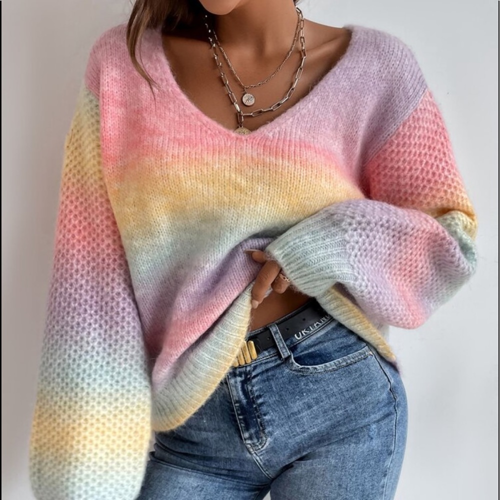 Cozy Color Block V Neck Long Sleeve Sweater Top - Picture 6 of 6